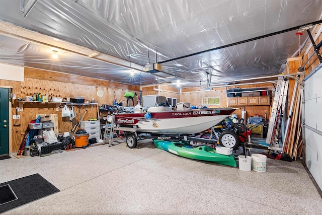 garage with wood walls