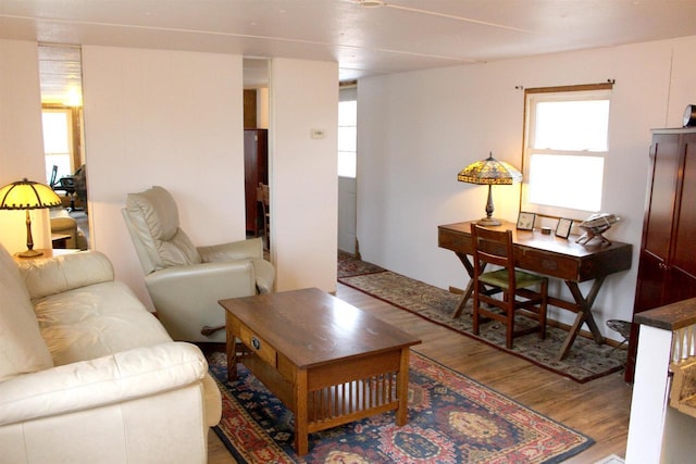 living room with a wealth of natural light and wood finished floors