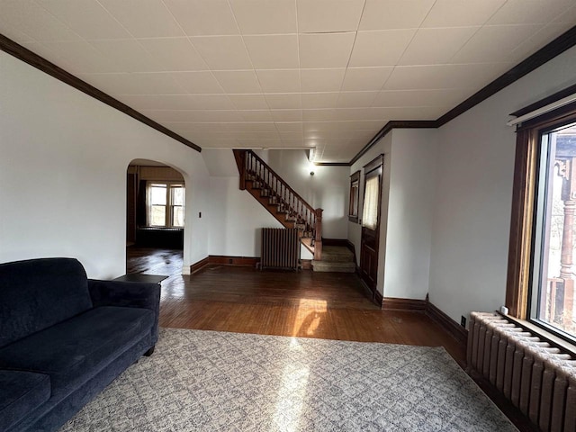 living area featuring ornamental molding, stairway, wood finished floors, and radiator