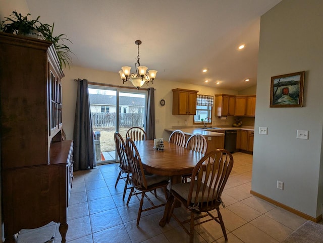 dining area featuring light tile patterned floors, lofted ceiling, recessed lighting, baseboards, and an inviting chandelier