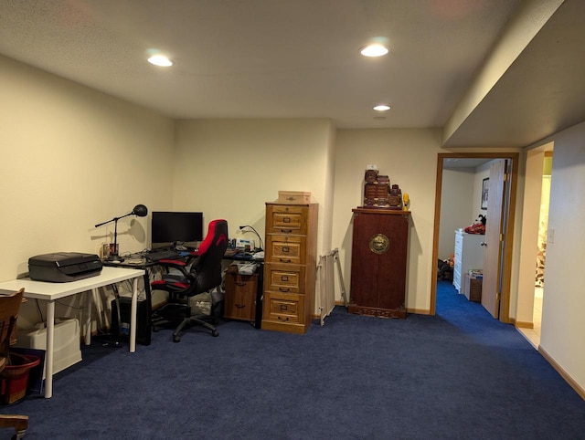 office with baseboards, carpet flooring, and recessed lighting