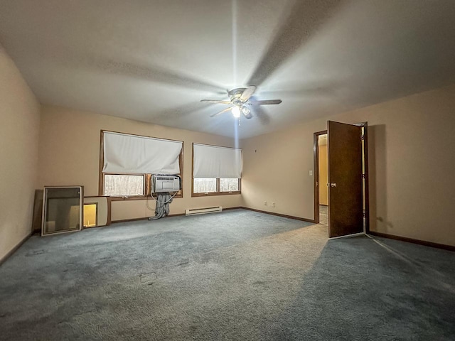 additional living space featuring carpet, a baseboard heating unit, a ceiling fan, cooling unit, and baseboards