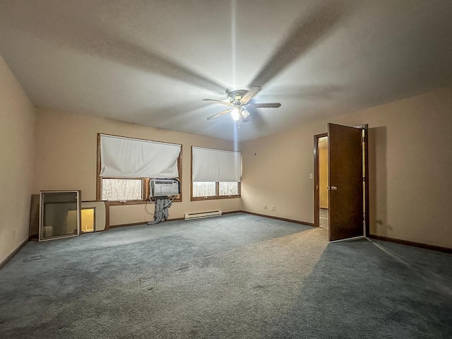 bonus room featuring carpet, a baseboard radiator, a ceiling fan, cooling unit, and baseboards