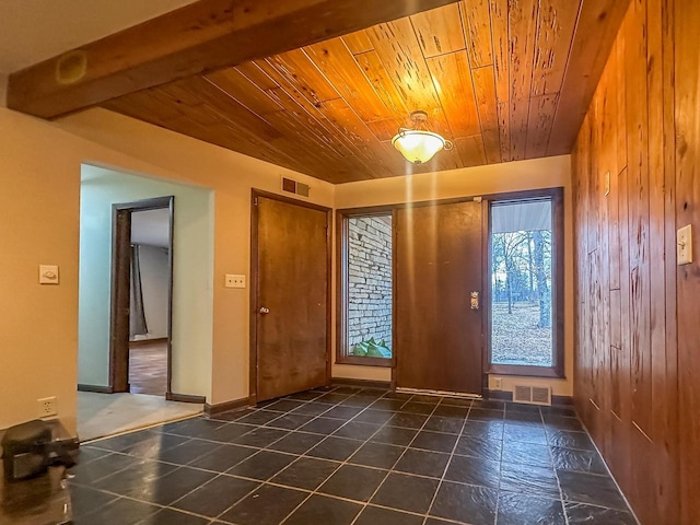 foyer featuring wood ceiling, visible vents, and baseboards