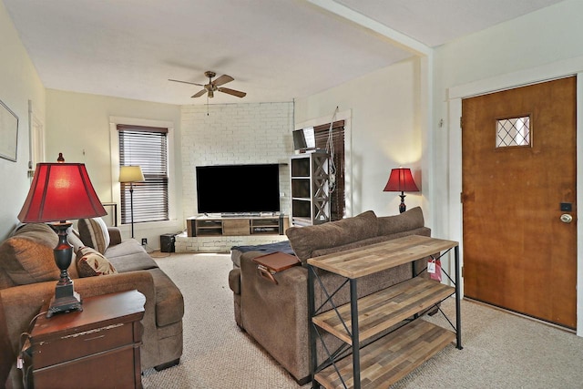 living room with carpet and ceiling fan