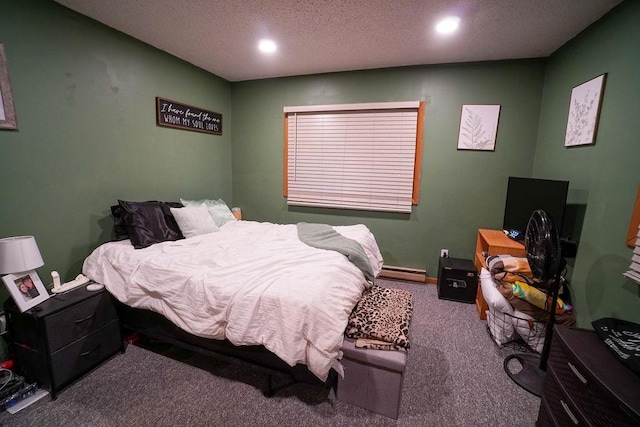 carpeted bedroom with a textured ceiling, baseboards, a baseboard radiator, and recessed lighting