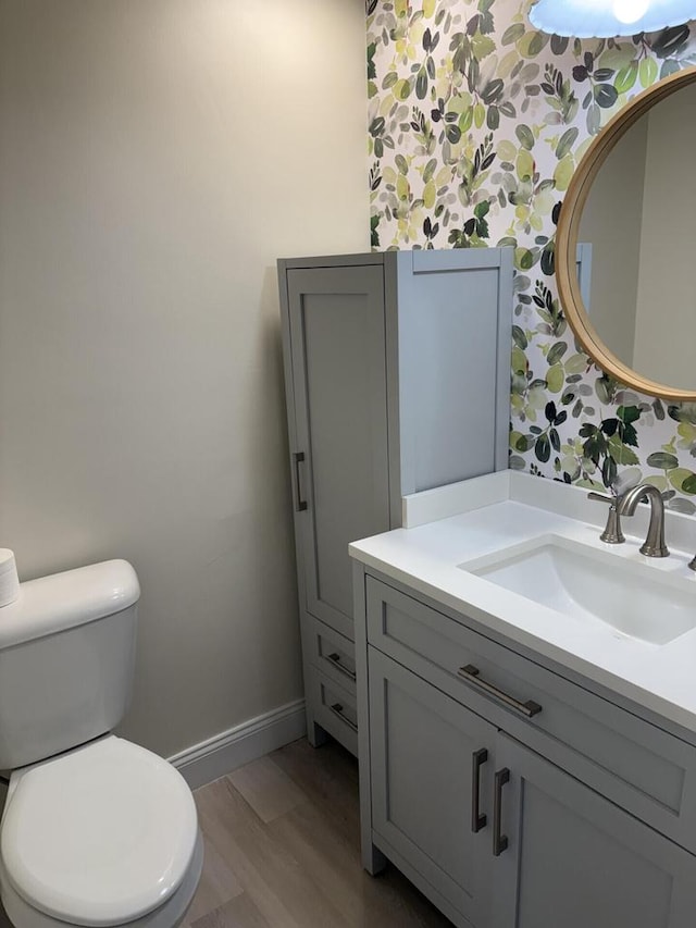 bathroom featuring wood finished floors, vanity, toilet, and baseboards