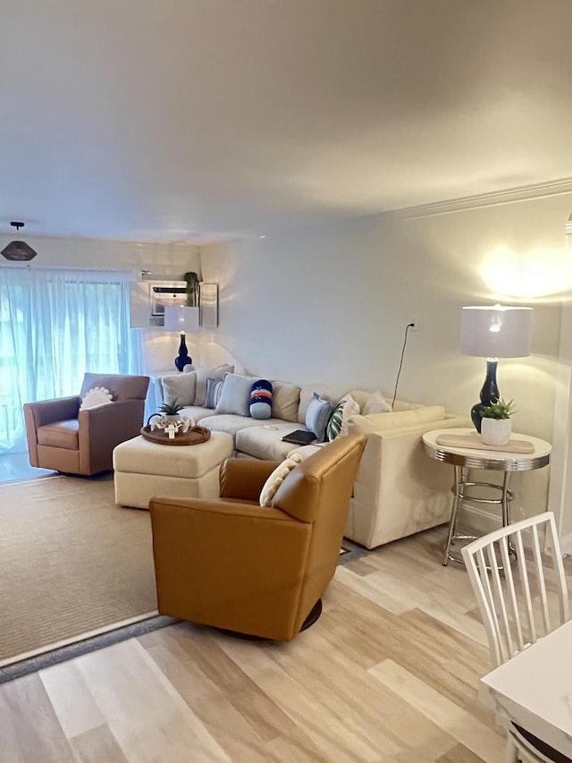 living room featuring light wood-type flooring and a wall mounted air conditioner