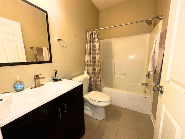 bathroom with tile patterned floors, toilet, shower / tub combo with curtain, and vanity