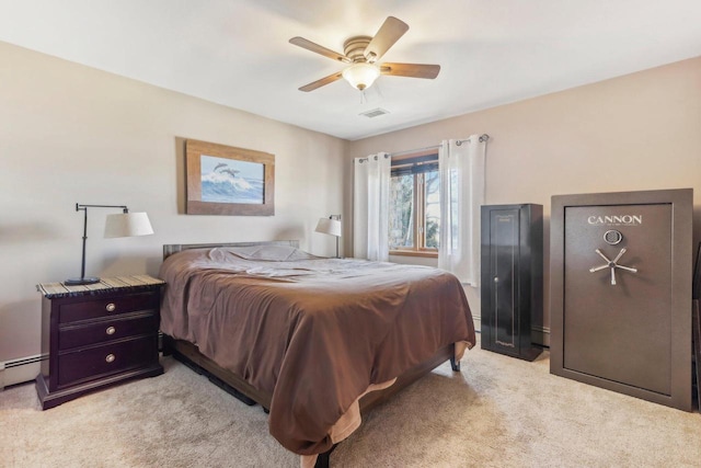 bedroom with light colored carpet, visible vents, and ceiling fan