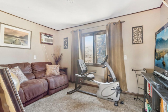 workout room with baseboards, carpet, ornamental molding, and a wall mounted AC