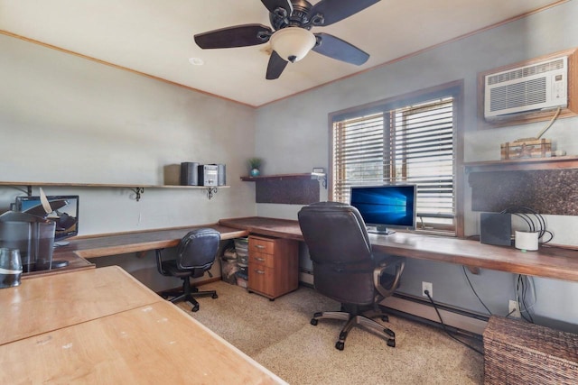 carpeted office space featuring a baseboard heating unit, a wall unit AC, ornamental molding, a ceiling fan, and a baseboard radiator