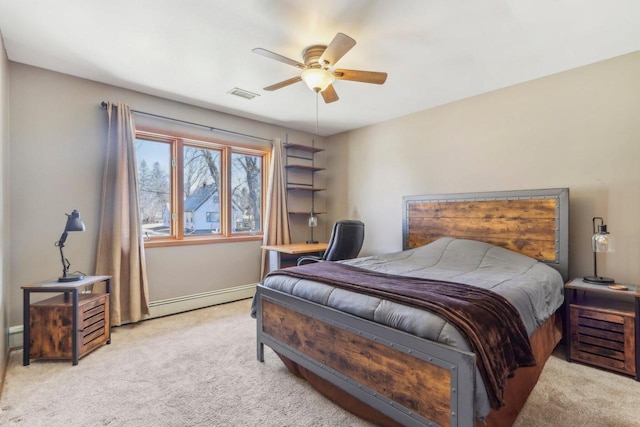 bedroom featuring visible vents, carpet, a ceiling fan, and a baseboard radiator