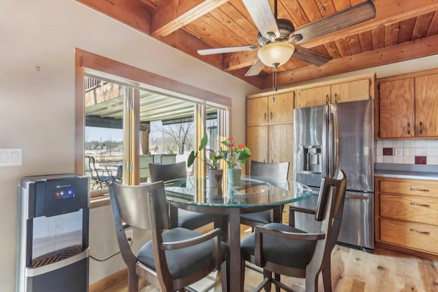 dining room with wooden ceiling, a ceiling fan, and light wood-type flooring