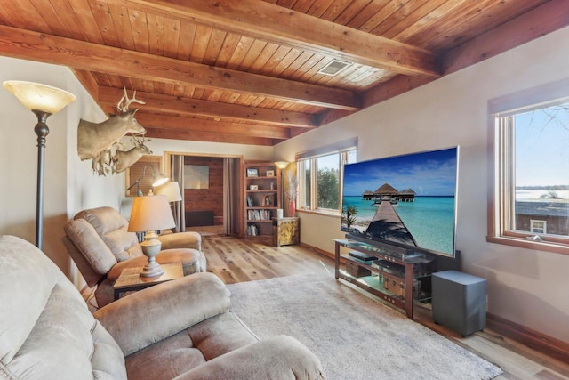 living area with beam ceiling, wood finished floors, baseboards, and wooden ceiling