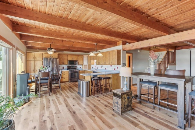 kitchen with a peninsula, light wood-type flooring, appliances with stainless steel finishes, and beam ceiling