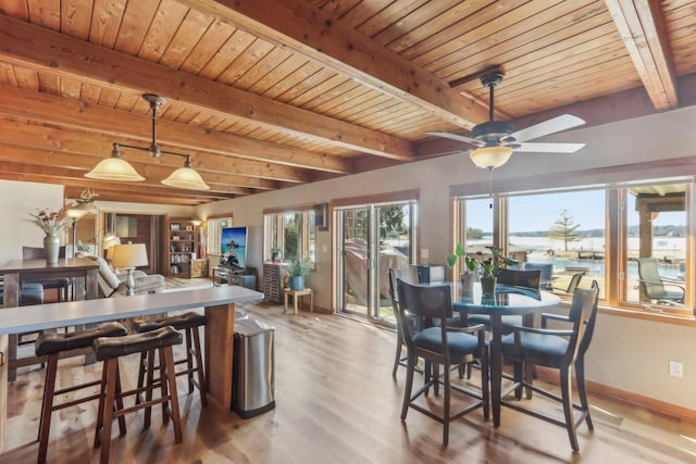 dining area featuring beam ceiling, baseboards, light wood-type flooring, and wooden ceiling