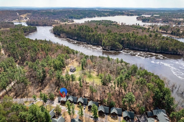 drone / aerial view featuring a water view and a view of trees