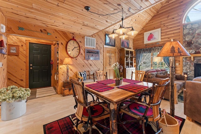 dining area featuring a fireplace, visible vents, wood ceiling, wood finished floors, and high vaulted ceiling