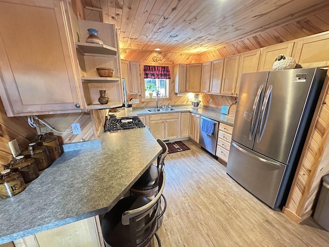 kitchen featuring open shelves, stainless steel appliances, light wood-style floors, a sink, and wooden ceiling