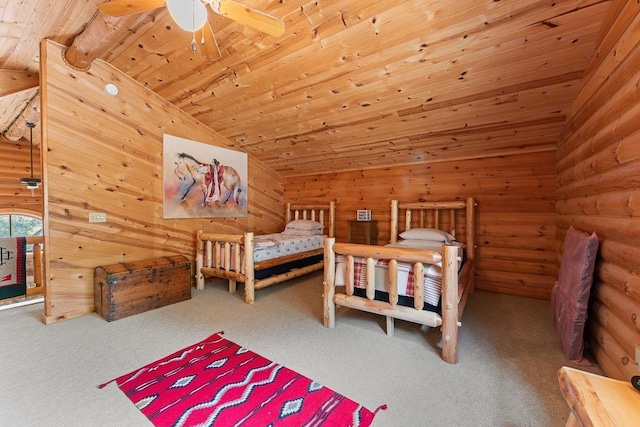 bedroom featuring lofted ceiling, wood ceiling, rustic walls, and carpet