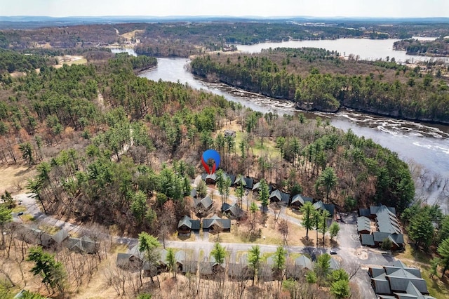 drone / aerial view featuring a water view and a forest view