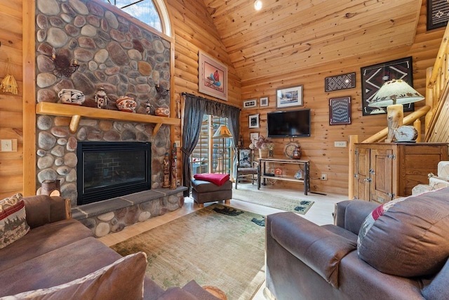 living area with high vaulted ceiling, rustic walls, a fireplace, and wood finished floors