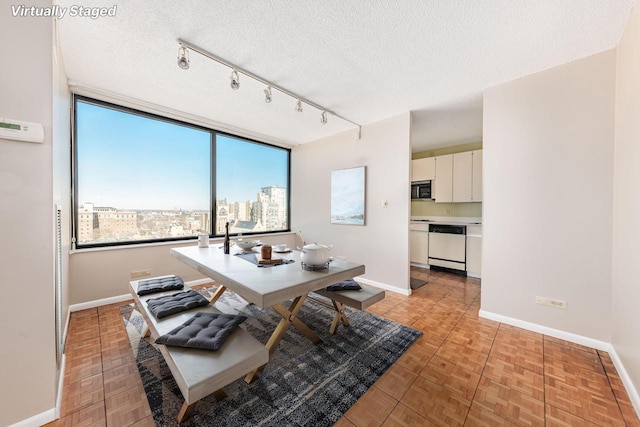 dining space featuring track lighting, a city view, a textured ceiling, and baseboards