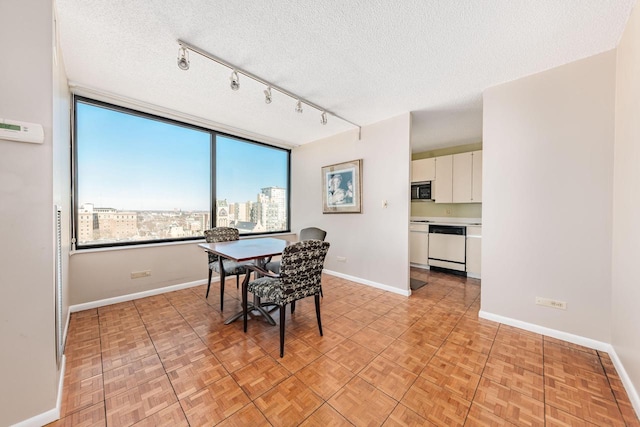 dining room with a textured ceiling, a city view, rail lighting, and baseboards