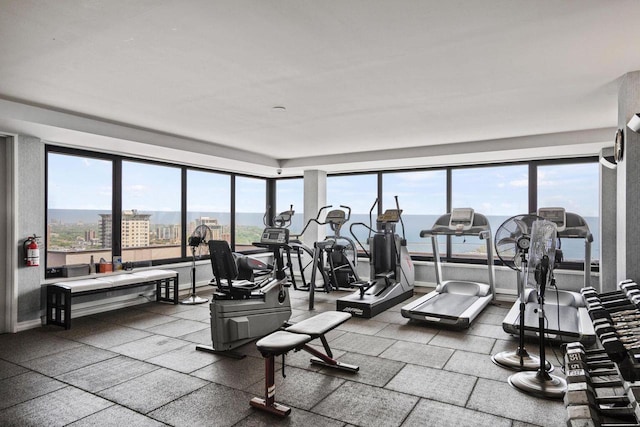 gym with plenty of natural light and a city view