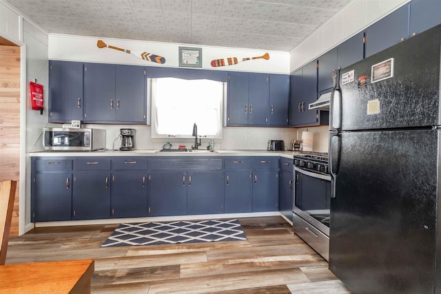 kitchen with blue cabinets, light wood-style flooring, appliances with stainless steel finishes, and a sink