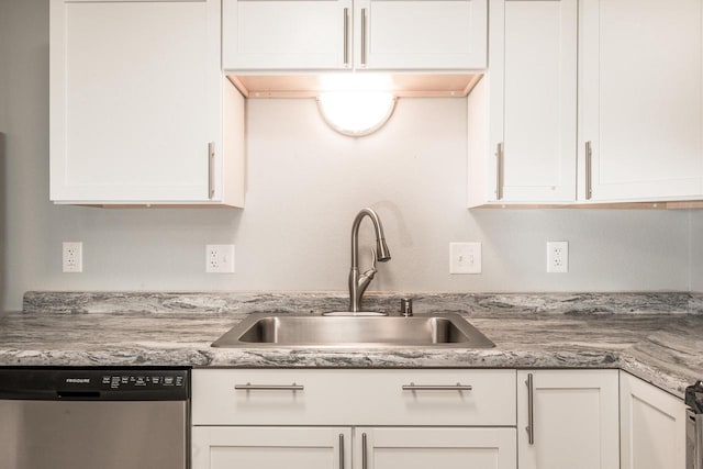 kitchen with a sink, white cabinets, and stainless steel dishwasher