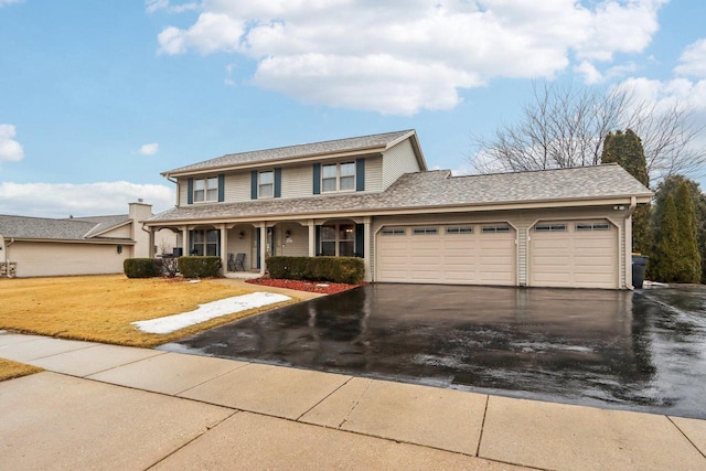 traditional-style house featuring aphalt driveway, a shingled roof, covered porch, an attached garage, and a front lawn