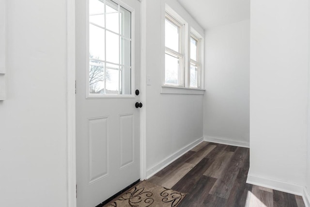 doorway to outside featuring plenty of natural light, dark wood finished floors, and baseboards