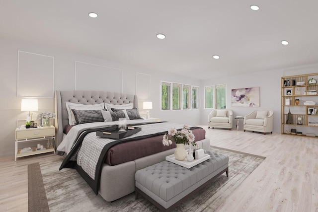 bedroom featuring light wood-style flooring and recessed lighting