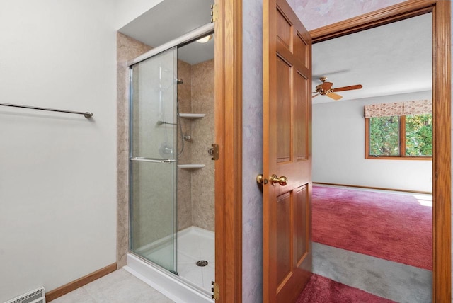 full bathroom featuring visible vents, a shower stall, and baseboards