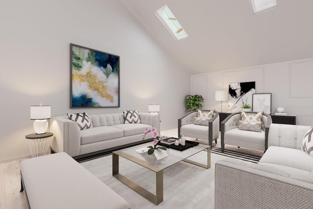 living room featuring a skylight, light wood-style flooring, and high vaulted ceiling