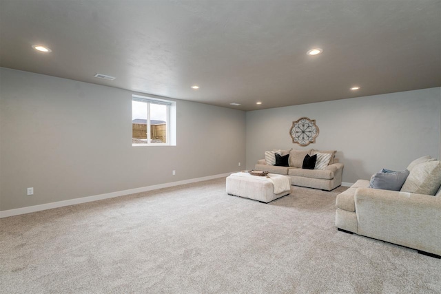 living area with recessed lighting, carpet flooring, visible vents, and baseboards