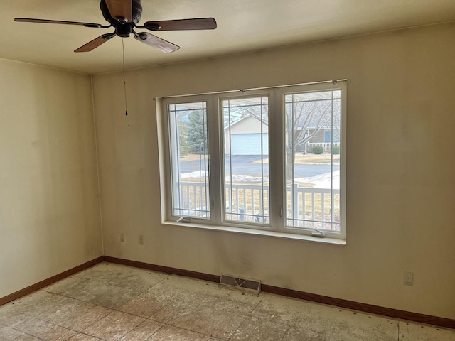 spare room with plenty of natural light, visible vents, and baseboards