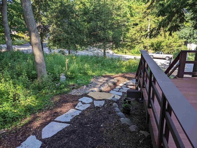 view of yard featuring a forest view