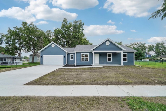 ranch-style house featuring an attached garage, covered porch, fence, driveway, and a front lawn