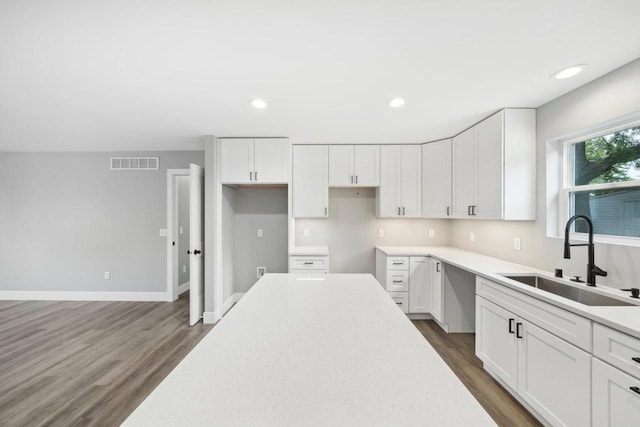 kitchen with a sink, visible vents, baseboards, white cabinetry, and dark wood-style floors