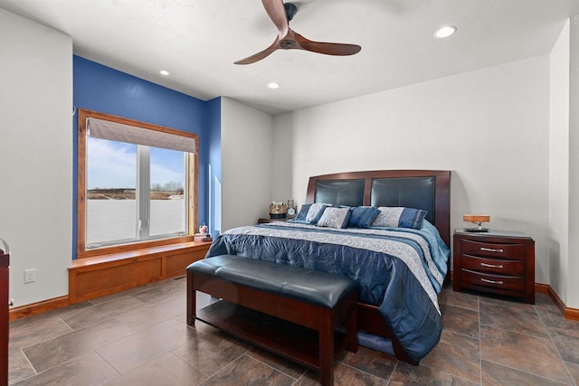 bedroom featuring ceiling fan, recessed lighting, and baseboards