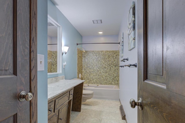 full bathroom featuring toilet,  shower combination, and vanity