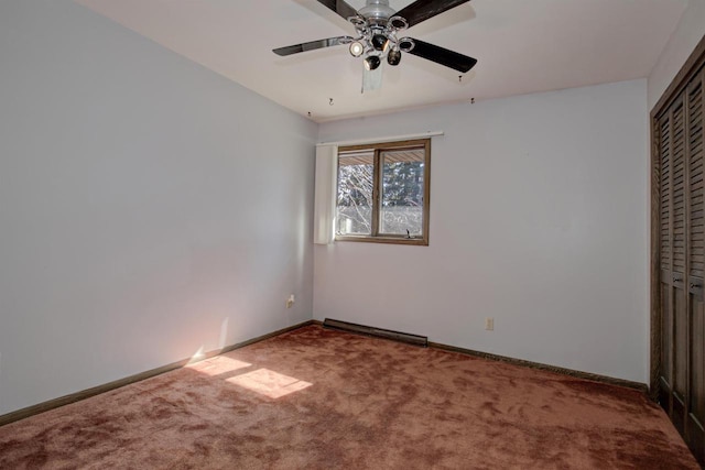 unfurnished room featuring carpet flooring, ceiling fan, visible vents, and baseboards