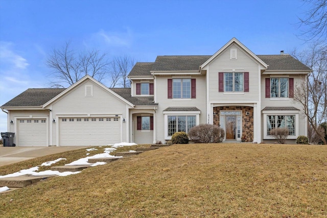 traditional-style home featuring a front lawn, stone siding, a shingled roof, and an attached garage