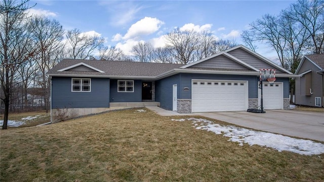 ranch-style home featuring a garage, concrete driveway, stone siding, and a front lawn