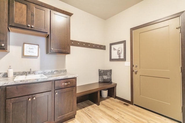 interior space with light countertops, a sink, light wood-style flooring, and dark brown cabinets