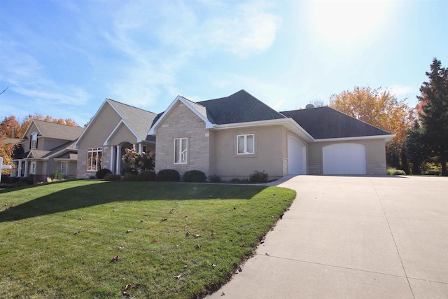 single story home with stucco siding, a garage, stone siding, driveway, and a front lawn