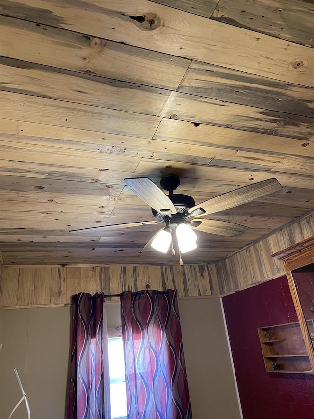 interior details featuring wooden ceiling and ceiling fan